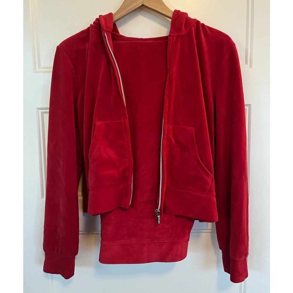 Juicy Couture Velour Tracksuit Set Red 2 Piece Hoodie Pants Womens Size XL